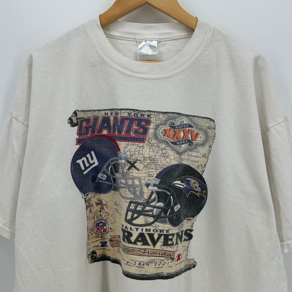 Vintage Super Bowl XXXV 2001 Giants vs Ravens NFL T-Shirt XL White Gildan